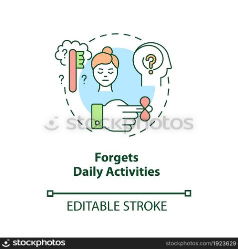 Forgets daily activities concept icon. Inattentive symptom abstract idea thin line illustration. Issues with memory. Forgetting appointments. Vector isolated outline color drawing. Editable stroke. Forgets daily activities concept icon