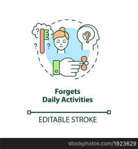 Forgets daily activities concept icon. Inattentive symptom abstract idea thin line illustration. Issues with memory. Forgetting appointments. Vector isolated outline color drawing. Editable stroke. Forgets daily activities concept icon