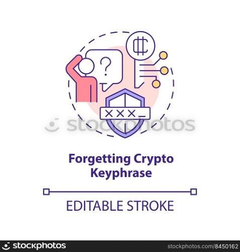 Forgetting crypto keyphrase concept icon. Common blockchain mistake abstract idea thin line illustration. Isolated outline drawing. Editable stroke. Arial, Myriad Pro-Bold fonts used. Forgetting crypto keyphrase concept icon