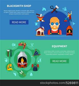 Forging Shop Banners Set. Blacksmith shop equipment store horizontal banners set with compositions of colorful doodle images of various items vector illustration