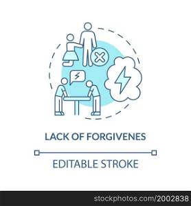 Forgiveness absence concept icon. Abusive relationships. Vindictive partner. Blaming for past failures abstract idea thin line illustration. Vector isolated outline color drawing. Editable stroke. Forgiveness absence concept icon