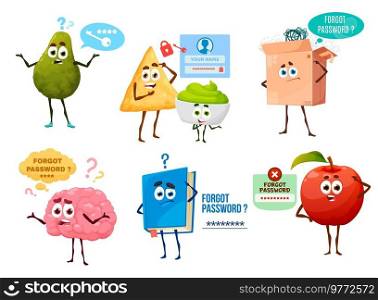Forgot password cartoon characters. Isolated vector avocado, nachos with sauce guacamole, carton box, human brain, book and apple pensive thoughtful personages scratching head trying to remember key. Forgot password cartoon vector characters