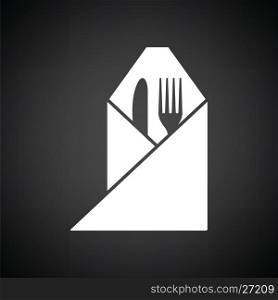 Fork and knife wrapped napkin icon. Black background with white. Vector illustration.