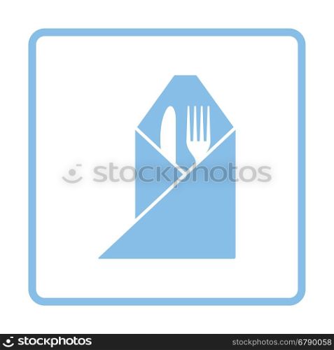 Fork and knife wrapped napkin icon. Blue frame design. Vector illustration.