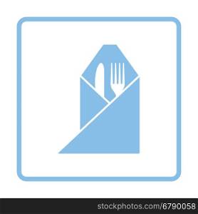 Fork and knife wrapped napkin icon. Blue frame design. Vector illustration.
