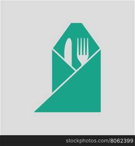 Fork and knife wrapped napkin icon. Gray background with green. Vector illustration.
