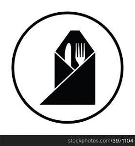 Fork and knife wrapped napkin icon. Thin circle design. Vector illustration.