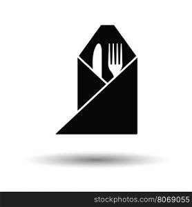 Fork and knife wrapped napkin icon. White background with shadow design. Vector illustration.