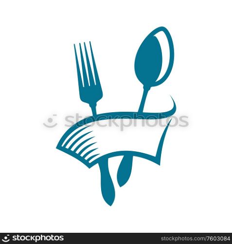 Fork and spoon in banner with spare place, isolated cutlery. Vector restaurant or dinnertime logo. Cutlery utensils isolated fork and spoon