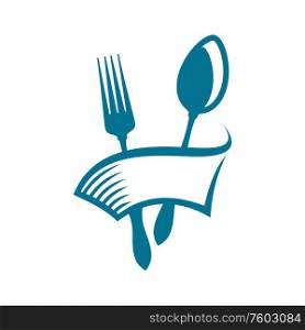 Fork and spoon in banner with spare place, isolated cutlery. Vector restaurant or dinnertime logo. Cutlery utensils isolated fork and spoon