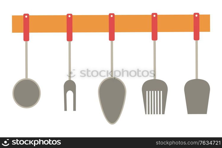 Fork and spoon, isolated wooden shelf with hanging cutlery, kitchen decoration. Wooden plank with spatula and tool for barbeque utensils set. Vector illustration in flat cartoon style. Cutlery Hanging on Wooden Shelf Kitchen Decor