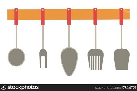 Fork and spoon, isolated wooden shelf with hanging cutlery, kitchen decoration. Wooden plank with spatula and tool for barbeque utensils set. Vector illustration in flat cartoon style. Cutlery Hanging on Wooden Shelf Kitchen Decor