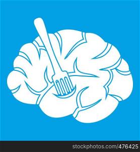 Fork is inserted into the brain icon white isolated on blue background vector illustration. Fork is inserted into the brain icon white