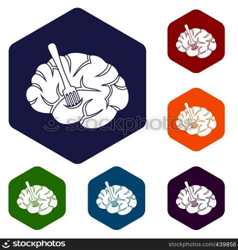 Fork is inserted into the brain icons set hexagon isolated vector illustration. Fork is inserted into the brain icons set hexagon