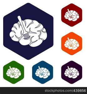 Fork is inserted into the brain icons set hexagon isolated vector illustration. Fork is inserted into the brain icons set hexagon