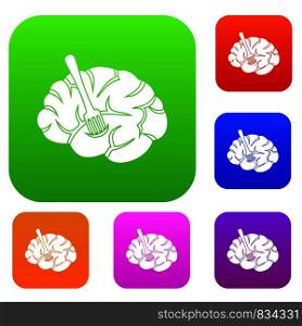 Fork is inserted into the brain set icon color in flat style isolated on white. Collection sings vector illustration. Fork is inserted into the brain set color collection