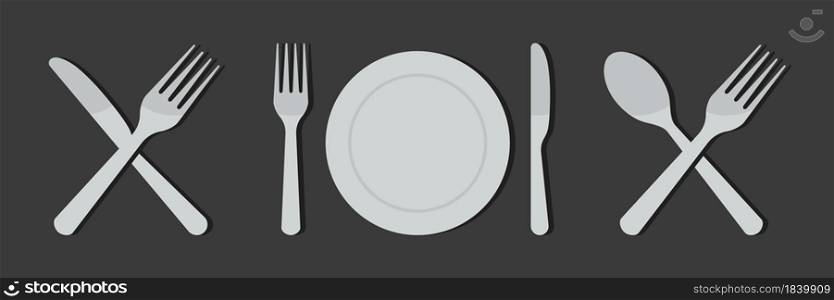 Fork, knife, plate and spoon. Icon of cutlery for restaurant. Set for meal. Kitchen of tableware for food, dinner and lunch. Design of silverware on black background. Utensil for menu. Vector.. Fork, knife, plate and spoon. Icon of cutlery for restaurant. Set for meal. Kitchen of tableware for food, dinner and lunch. Design of silverware on black background. Utensil for menu. Vector