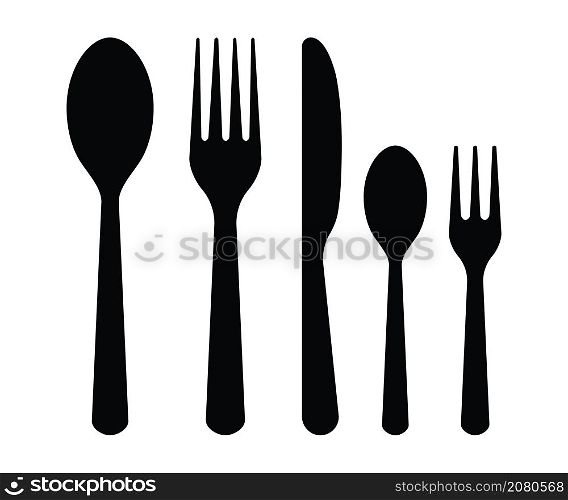 Fork, knife, spoon silhouettes. Dinner icons. Food cutlery. Set of silverware for food in restaurant. Utensil for of eat, meal and lunch. Graphic symbols for kitchen. Black dishware. Vector.