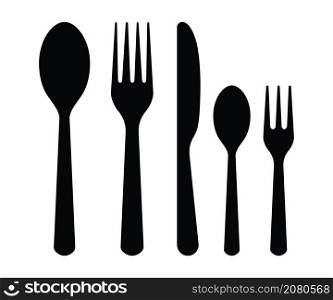 Fork, knife, spoon silhouettes. Dinner icons. Food cutlery. Set of silverware for food in restaurant. Utensil for of eat, meal and lunch. Graphic symbols for kitchen. Black dishware. Vector.