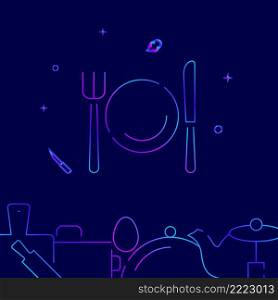 Fork, plate, knife gradient line vector icon, simple illustration on a dark blue background, kitchen related bottom border.. Fork, plate, knife gradient line icon, vector illustration