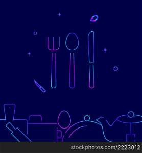 Fork Spoon Knife gradient line vector icon, simple illustration on a dark blue background, kitchen related bottom border.. Fork Spoon Knife gradient line icon, vector illustration