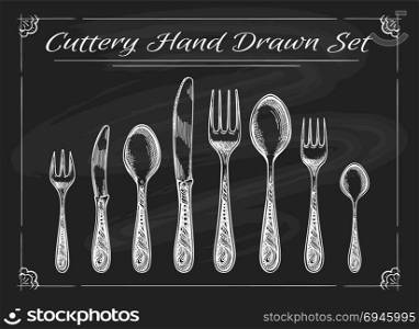 Fork spoon knife on chalkboard. Fork spoon knife on chalkboard. Dinnerware cutlery vintage chalk drawing vector sketch