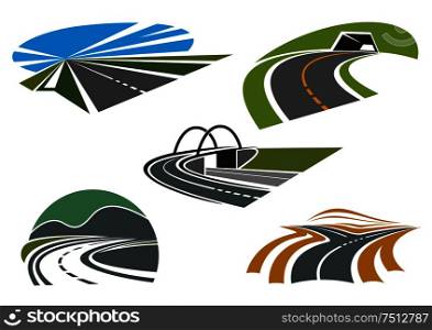 Forked road, mountain highways with tunnel and steep turn, road bridge and speed freeway with blue sky, for transportation industry or travel theme icon design. Asphalt highways and roads abstract icons