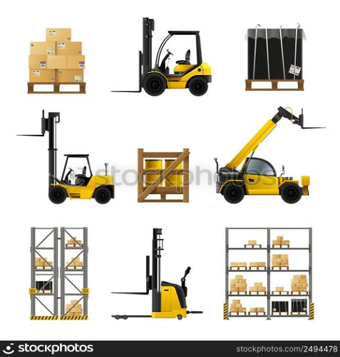 Forklift and warehouse realistic icons set with boxes and cargo isolated vector illustration . Forklift Realistic Set