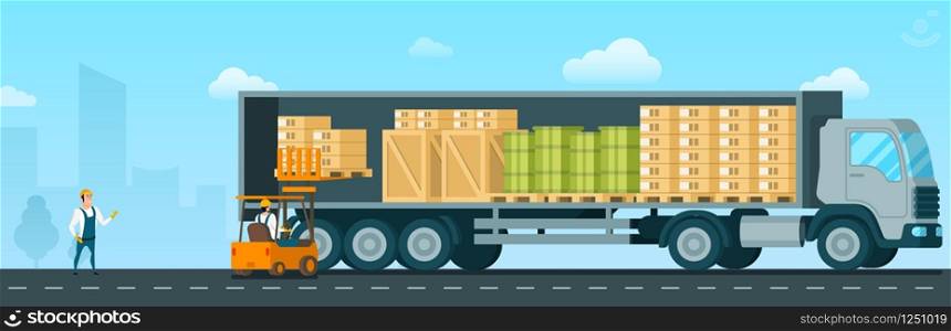 Forklift Car Loading Box Up to Shipping Truck. Factory Engineer Driving Loader with Goods to Delivery Van. Storage Worker in Uniform Standing Infront. Flat Cartoon Vector Illustration. Forklift Car Loading Box Up to Shipping Truck