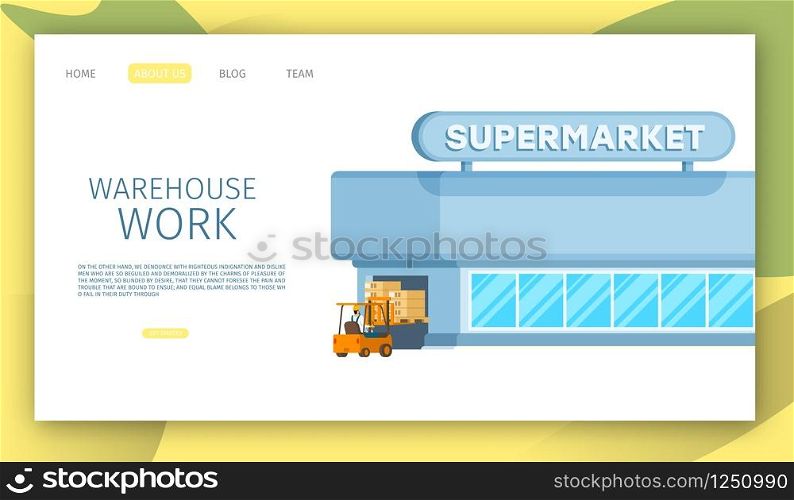 Forklift Car Loading Weight to Supermarket Storage. Engineer Driving Warehouse Work Cargo Truck Delivering Wooden and Cardboard Package to Modern Glass City Mall. Flat Cartoon Vector Illustration. Forklift Car Loading Weight to Supermarket Storage