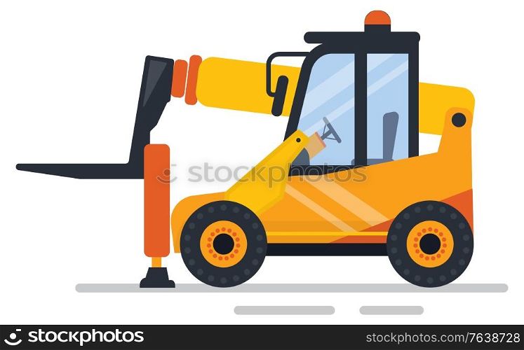 Forklift construction equipment, side view of orange cargo automobile, machine with pallet, factory vehicle element of decoration, transportation vector. Construction Equipment of Factory, Forklift Vector
