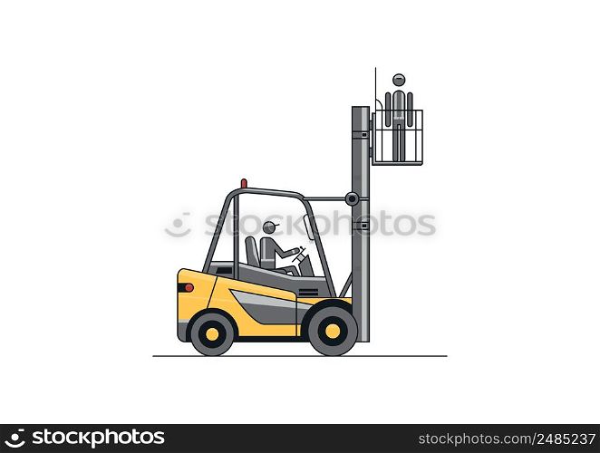 Forklift equipped with safety cage. Flat line vector design of forklift with the operator and load.