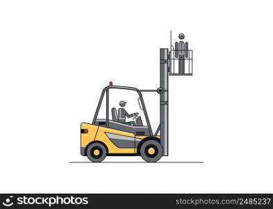 Forklift equipped with safety cage. Flat line vector design of forklift with the operator and load.
