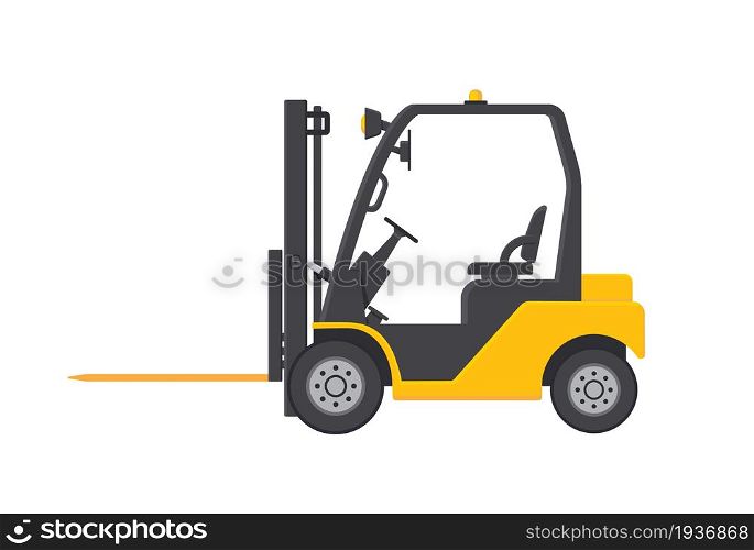 Forklift. Fork lift truck icon. Loader for warehouse and pallet. Machine for distribution and delivery. Yellow forklift isolated on white background. Equipment for load of crate. Flat loader. Vector.. Forklift. Fork lift truck icon. Loader for warehouse and pallet. Machine for distribution and delivery. Yellow forklift isolated on white background. Equipment for load of crate. Flat loader. Vector