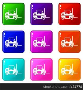 Forklift icons of 9 color set isolated vector illustration. Forklift icons 9 set