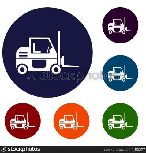 Forklift icons set in flat circle reb, blue and green color for web. Forklift icons set