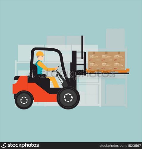 Forklift in warehouse isolated on background. vector illustration.