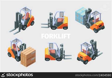 Forklift loader. Transportation service loading trucks manufacturing transporting services garish vector isometric illustrations. Loader and cargo to warehouse industry and storage. Forklift loader. Transportation service loading trucks manufacturing transporting services garish vector isometric illustrations