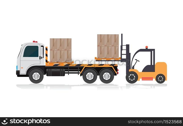 Forklift loading a truck ,freight transportation, packages shipment, warehouse logistics and cargo loading and unloading concept, delivery truck with cardboard boxes and forklift with pallet isolated on white vector illustration.