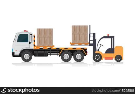 Forklift loading a truck ,freight transportation, packages shipment, warehouse logistics and cargo loading and unloading concept, delivery truck with cardboard boxes and forklift with pallet isolated on white vector illustration.
