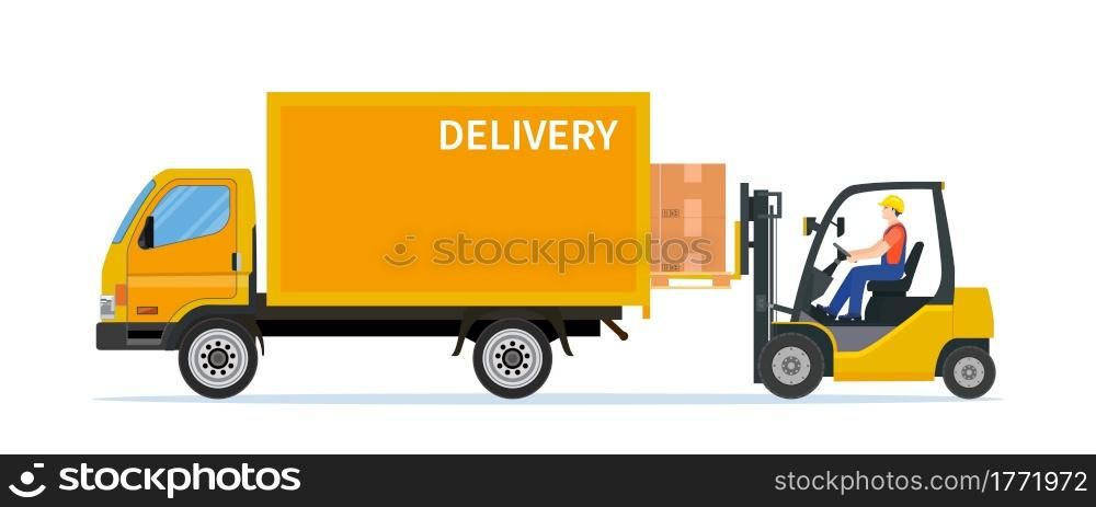 Forklift loading pallet boxes into truck. Electric uploader loading cardboard boxes in delivery car. Logistic shipping cargo. Storage equipment. Vector illustration in flat style. Forklift loading pallet boxes into truck.