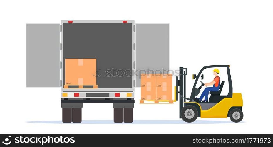 Forklift loading pallet boxes into truck. Electric uploader loading cardboard boxes in delivery car. Logistic shipping cargo. Storage equipment. Vector illustration in flat style. Forklift loading pallet boxes into truck.