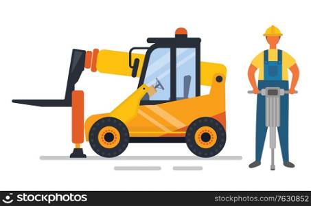 Forklift machine and drilling man, construction equipment. Worker character in helmet holding drill, engineering auto, transportation and roadwork. Vector illustration in flat cartoon style. Construction Equipment, Drill and Forklift Vector