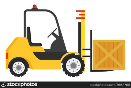 Forklift machine for loading and unloading packages. Yellow industrial truck used to lift and move materials over short distances. Wooden big box transportation within warehouse. Vector illustration. Forklift Machine, Industrial Truck to Move Boxes