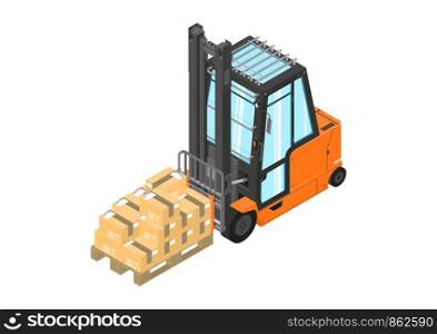 Forklift. Orange counterbalance forklift with a pallet. Isometric view. Flat vector.