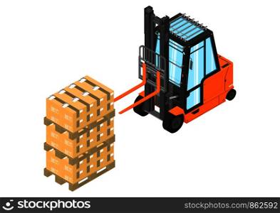 Forklift. Orange counterbalance forklift with a pallet. Isometric view. Flat vector.
