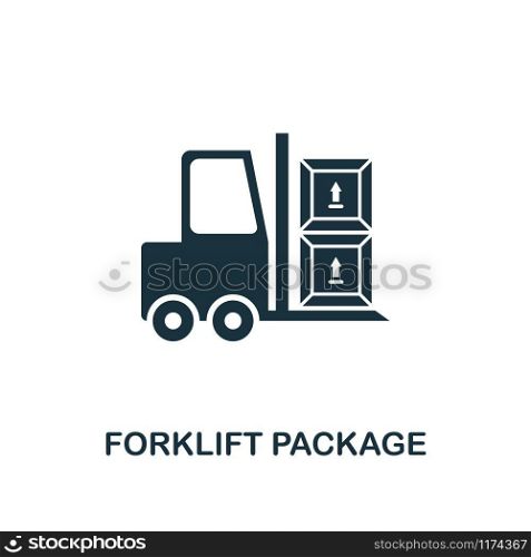 Forklift Package icon. Monochrome style design from logistics delivery collection. UI. Pixel perfect simple pictogram forklift package icon. Web design, apps, software, print usage.. Forklift Package icon. Monochrome style design from logistics delivery icon collection. UI. Pixel perfect simple pictogram forklift package icon. Web design, apps, software, print usage.