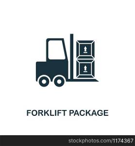 Forklift Package icon. Monochrome style design from logistics delivery collection. UI. Pixel perfect simple pictogram forklift package icon. Web design, apps, software, print usage.. Forklift Package icon. Monochrome style design from logistics delivery icon collection. UI. Pixel perfect simple pictogram forklift package icon. Web design, apps, software, print usage.