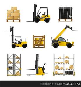 Forklift Realistic Set. Forklift and warehouse realistic icons set with boxes and cargo isolated vector illustration