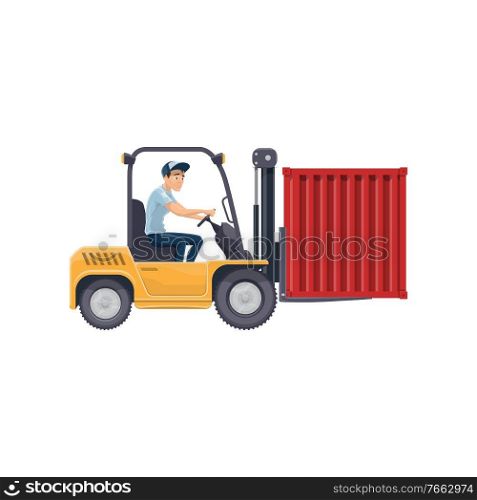 Forklift truck with driver vector isolated icon. Warehouse worker loading container with fork extensions. Warehouse worker in forklift truck